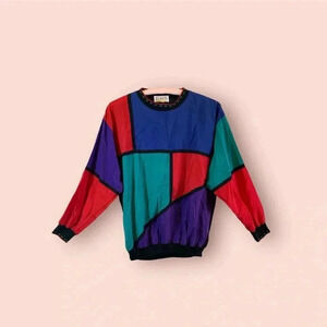 Mens colorblock 80s lightweight pull over crew neck sweater